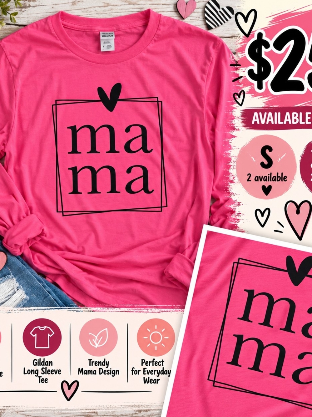 Neon Pink Long Sleeve Tee with Black 'mama' Heart Graphic